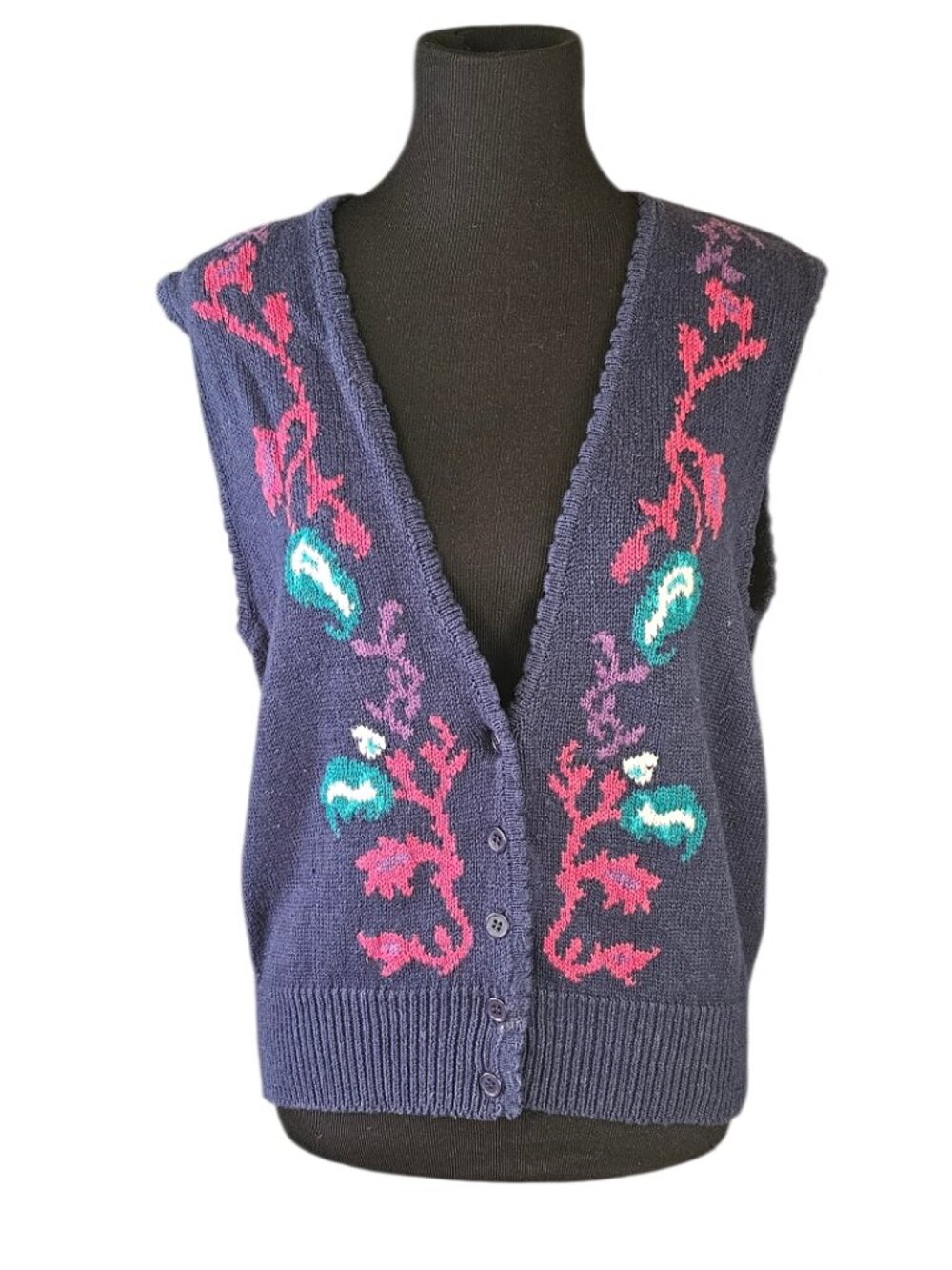 Vintage Attitude Navy Floral Intarsia Knit Sweater Vest Ramie Cotton